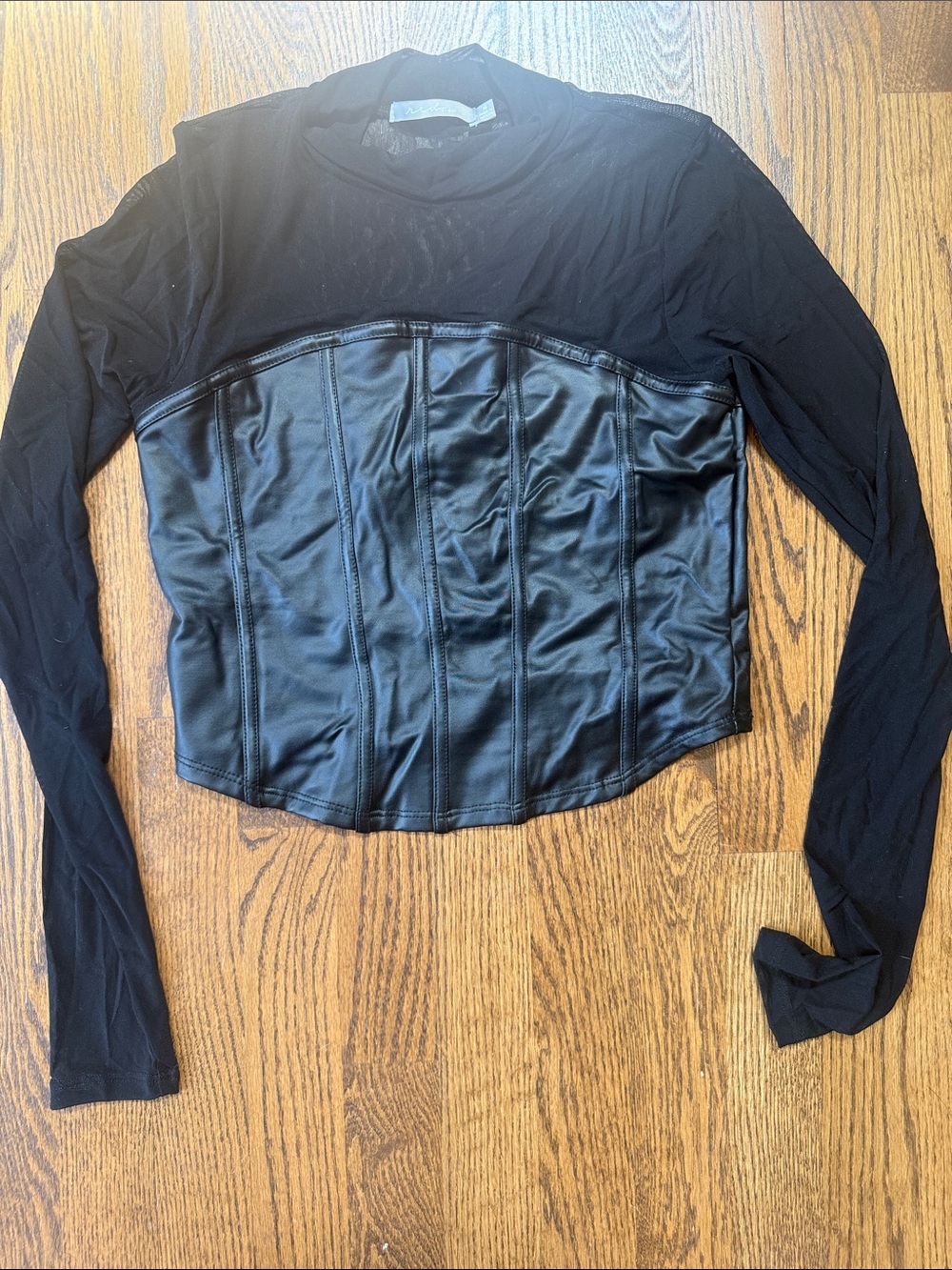 Faux Leather Corset-Front Long Sleeve Top in Black